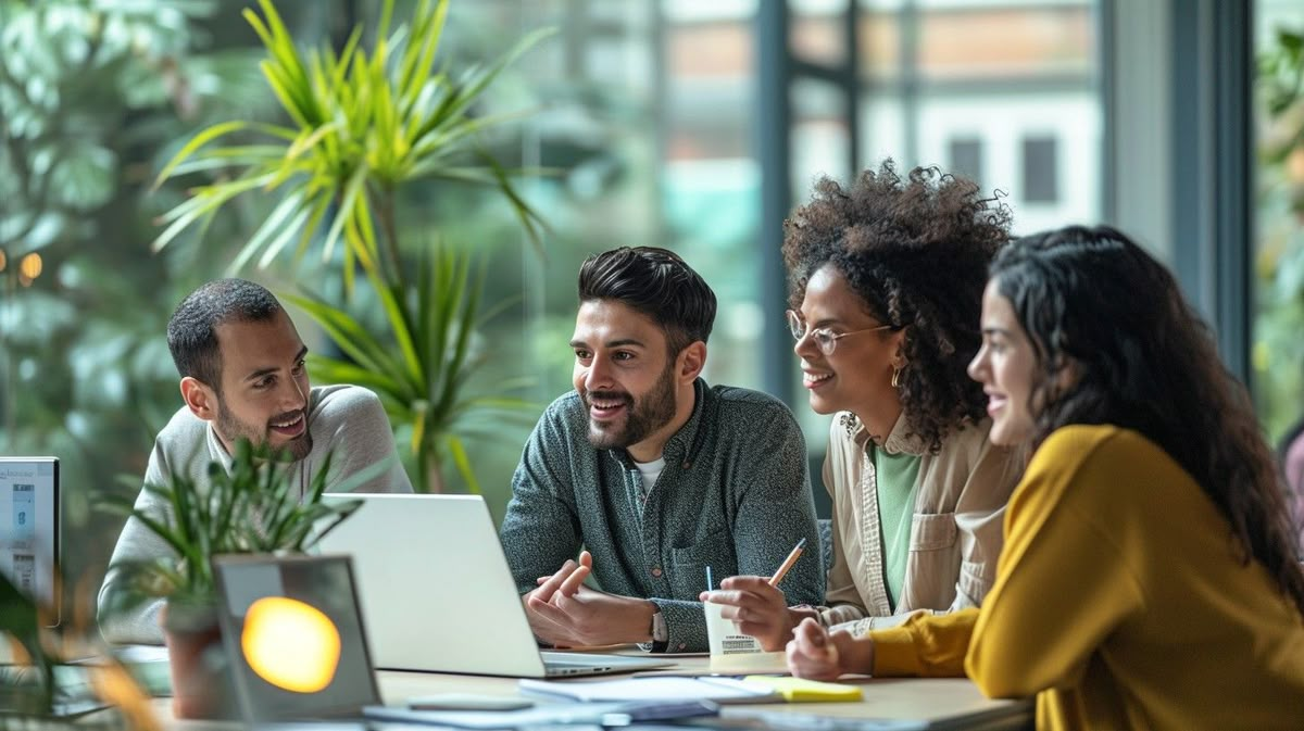 Colleagues collaborating around a table in a bright office